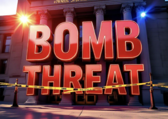 A viral, hyper-realistic YouTube thumbnail with a tense crime-scene atmosphere. The background is the Dennis Maes Judicial Building in Pueblo under harsh afternoon sunlight with red and blue emergency lights flashing across the facade. The composition uses a dramatic low angle to focus on the main subject: a large abandoned courthouse entrance with yellow police tape stretched across the doors. Image size should be 3:2. The image features massive 3D typography with strict hierarchy: The Primary Text reads exactly: 'BOMB THREAT'. This text is massive, the largest element in the frame, rendered in glowing red chrome to look like a high-budget 3D render. The Secondary Text reads exactly: 'Pueblo Courthouse Evacuated'. This text is significantly smaller, positioned below the main text. It features a thick white border with black outline (sticker style) to contrast against the background. Make sure text 2 is always different theme, style, effect and border compared to text 1.