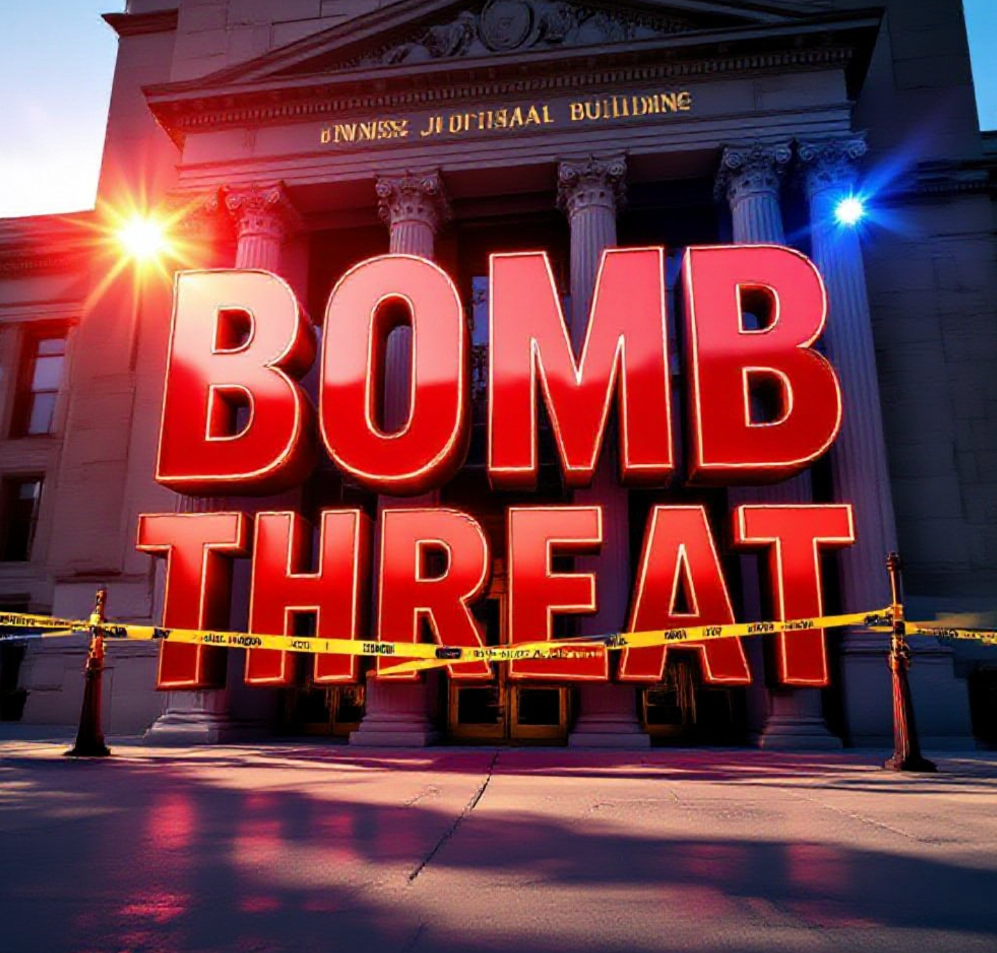 A viral, hyper-realistic YouTube thumbnail with a tense crime-scene atmosphere. The background is the Dennis Maes Judicial Building in Pueblo under harsh afternoon sunlight with red and blue emergency lights flashing across the facade. The composition uses a dramatic low angle to focus on the main subject: a large abandoned courthouse entrance with yellow police tape stretched across the doors. Image size should be 3:2.
The image features massive 3D typography with strict hierarchy:
The Primary Text reads exactly: 'BOMB THREAT'. This text is massive, the largest element in the frame, rendered in glowing red chrome to look like a high-budget 3D render.
The Secondary Text reads exactly: 'Pueblo Courthouse Evacuated'. This text is significantly smaller, positioned below the main text. It features a thick white border with black outline (sticker style) to contrast against the background. Make sure text 2 is always different theme, style, effect and border compared to text 1.
