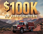 A viral, hyper-realistic YouTube thumbnail with a dramatic Western wildfire atmosphere. The background is a rugged Mesa County landscape at golden hour with smoke rising from distant ridges and red dirt roads winding through pinon-juniper. The composition uses a low-angle cinematic shot to focus on the main subject: a battle-worn wildland fire engine parked on a ridge with lights flashing. Image size should be 3:2. The image features massive 3D typography with strict hierarchy: The Primary Text reads exactly: '$100K TO FIREFIGHTERS'. This text is massive, the largest element in the frame, rendered in molten orange chrome with glowing embers and heat distortion to look like a high-budget 3D render. The Secondary Text reads exactly: 'MESA COUNTY STEPS UP'. This text is significantly smaller, positioned below the main text. It features a thick white border with red outline (sticker style) to contrast against the smoky sky. Make sure text 2 is always different theme, style, effect and border compared to text 1.