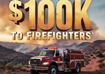 A viral, hyper-realistic YouTube thumbnail with a dramatic Western wildfire atmosphere. The background is a rugged Mesa County landscape at golden hour with smoke rising from distant ridges and red dirt roads winding through pinon-juniper. The composition uses a low-angle cinematic shot to focus on the main subject: a battle-worn wildland fire engine parked on a ridge with lights flashing. Image size should be 3:2. The image features massive 3D typography with strict hierarchy: The Primary Text reads exactly: '$100K TO FIREFIGHTERS'. This text is massive, the largest element in the frame, rendered in molten orange chrome with glowing embers and heat distortion to look like a high-budget 3D render. The Secondary Text reads exactly: 'MESA COUNTY STEPS UP'. This text is significantly smaller, positioned below the main text. It features a thick white border with red outline (sticker style) to contrast against the smoky sky. Make sure text 2 is always different theme, style, effect and border compared to text 1.