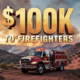 A viral, hyper-realistic YouTube thumbnail with a dramatic Western wildfire atmosphere. The background is a rugged Mesa County landscape at golden hour with smoke rising from distant ridges and red dirt roads winding through pinon-juniper. The composition uses a low-angle cinematic shot to focus on the main subject: a battle-worn wildland fire engine parked on a ridge with lights flashing. Image size should be 3:2. The image features massive 3D typography with strict hierarchy: The Primary Text reads exactly: '$100K TO FIREFIGHTERS'. This text is massive, the largest element in the frame, rendered in molten orange chrome with glowing embers and heat distortion to look like a high-budget 3D render. The Secondary Text reads exactly: 'MESA COUNTY STEPS UP'. This text is significantly smaller, positioned below the main text. It features a thick white border with red outline (sticker style) to contrast against the smoky sky. Make sure text 2 is always different theme, style, effect and border compared to text 1.