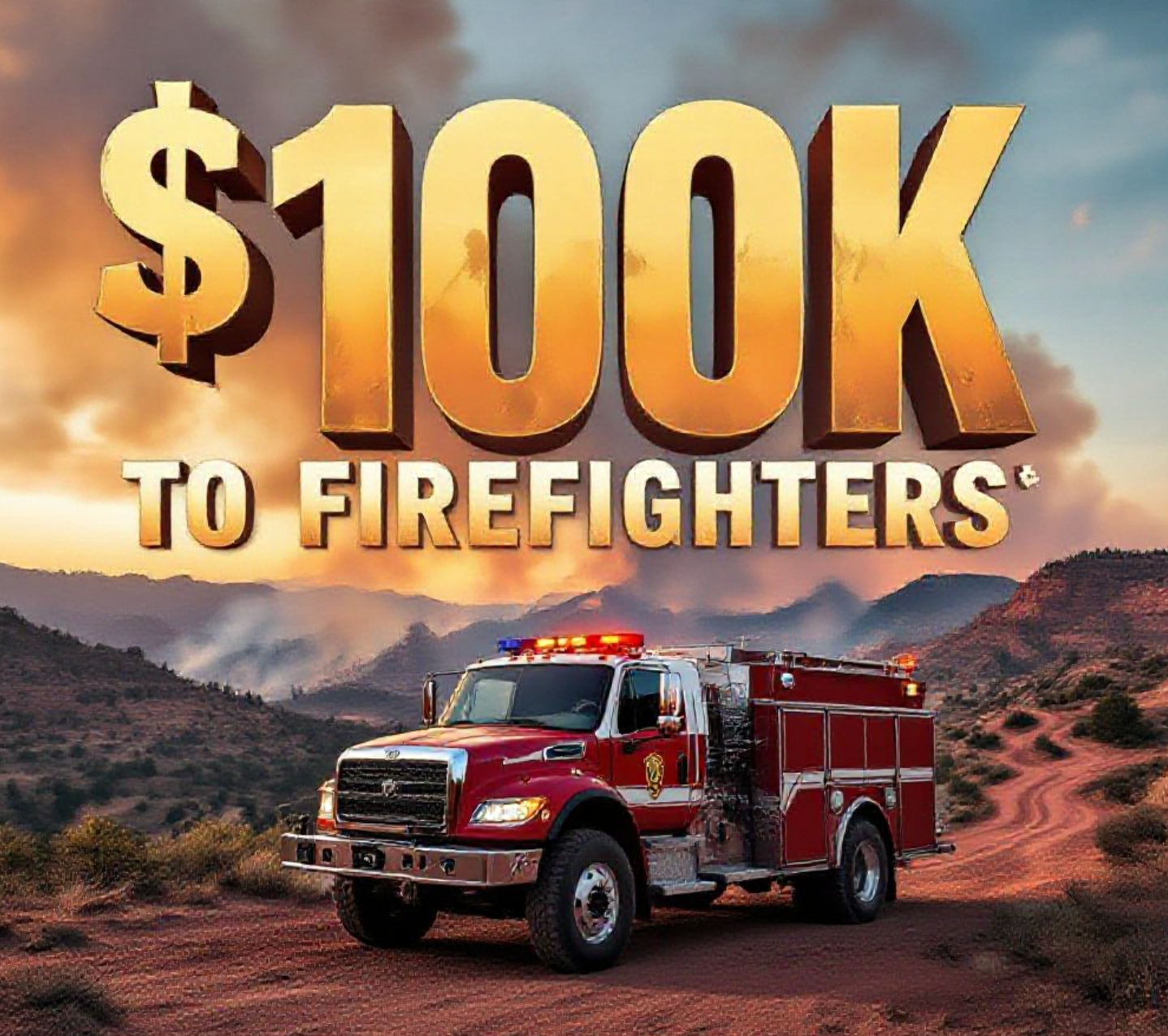 A viral, hyper-realistic YouTube thumbnail with a dramatic Western wildfire atmosphere. The background is a rugged Mesa County landscape at golden hour with smoke rising from distant ridges and red dirt roads winding through pinon-juniper. The composition uses a low-angle cinematic shot to focus on the main subject: a battle-worn wildland fire engine parked on a ridge with lights flashing. Image size should be 3:2.
The image features massive 3D typography with strict hierarchy:
The Primary Text reads exactly: '$100K TO FIREFIGHTERS'. This text is massive, the largest element in the frame, rendered in molten orange chrome with glowing embers and heat distortion to look like a high-budget 3D render.
The Secondary Text reads exactly: 'MESA COUNTY STEPS UP'. This text is significantly smaller, positioned below the main text. It features a thick white border with red outline (sticker style) to contrast against the smoky sky. Make sure text 2 is always different theme, style, effect and border compared to text 1.
