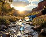 A viral, hyper-realistic YouTube thumbnail with a dramatic environmental documentary atmosphere. The background is a sunlit Western Colorado canyon landscape with clear stream water flowing over rocks, Mancos Shale cliffs in the distance, and subtle irrigation ditches visible. Warm golden hour lighting with god rays cutting through cottonwood trees. The composition uses a low-angle shot looking up the stream to convey importance and urgency. The main subject: a large, faceless water sampling bottle being dipped into the flowing creek by gloved hands (no faces shown). Image size should be 3:2. The image features massive 3D typography with strict hierarchy: The Primary Text reads exactly: 'MESA COUNTY'. This text is massive, the largest element in the frame, rendered in weathered brushed steel with subtle water ripple reflections to look like a high-budget 3D render. The Secondary Text reads exactly: 'CLEAN WATER FIGHT'. This text is significantly smaller, positioned below the main text. It features a thick, glowing orange border/outline (sticker style) to contrast against the natural background. 8k, Unreal Engine 5, cinematic render