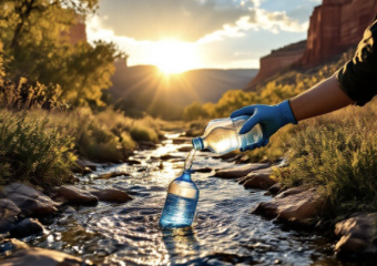 A viral, hyper-realistic YouTube thumbnail with a dramatic environmental documentary atmosphere. The background is a sunlit Western Colorado canyon landscape with clear stream water flowing over rocks, Mancos Shale cliffs in the distance, and subtle irrigation ditches visible. Warm golden hour lighting with god rays cutting through cottonwood trees. The composition uses a low-angle shot looking up the stream to convey importance and urgency. The main subject: a large, faceless water sampling bottle being dipped into the flowing creek by gloved hands (no faces shown). Image size should be 3:2. The image features massive 3D typography with strict hierarchy: The Primary Text reads exactly: 'MESA COUNTY'. This text is massive, the largest element in the frame, rendered in weathered brushed steel with subtle water ripple reflections to look like a high-budget 3D render. The Secondary Text reads exactly: 'CLEAN WATER FIGHT'. This text is significantly smaller, positioned below the main text. It features a thick, glowing orange border/outline (sticker style) to contrast against the natural background. 8k, Unreal Engine 5, cinematic render