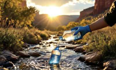 A viral, hyper-realistic YouTube thumbnail with a dramatic environmental documentary atmosphere. The background is a sunlit Western Colorado canyon landscape with clear stream water flowing over rocks, Mancos Shale cliffs in the distance, and subtle irrigation ditches visible. Warm golden hour lighting with god rays cutting through cottonwood trees. The composition uses a low-angle shot looking up the stream to convey importance and urgency. The main subject: a large, faceless water sampling bottle being dipped into the flowing creek by gloved hands (no faces shown). Image size should be 3:2. The image features massive 3D typography with strict hierarchy: The Primary Text reads exactly: 'MESA COUNTY'. This text is massive, the largest element in the frame, rendered in weathered brushed steel with subtle water ripple reflections to look like a high-budget 3D render. The Secondary Text reads exactly: 'CLEAN WATER FIGHT'. This text is significantly smaller, positioned below the main text. It features a thick, glowing orange border/outline (sticker style) to contrast against the natural background. 8k, Unreal Engine 5, cinematic render