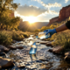 A viral, hyper-realistic YouTube thumbnail with a dramatic environmental documentary atmosphere. The background is a sunlit Western Colorado canyon landscape with clear stream water flowing over rocks, Mancos Shale cliffs in the distance, and subtle irrigation ditches visible. Warm golden hour lighting with god rays cutting through cottonwood trees. The composition uses a low-angle shot looking up the stream to convey importance and urgency. The main subject: a large, faceless water sampling bottle being dipped into the flowing creek by gloved hands (no faces shown). Image size should be 3:2. The image features massive 3D typography with strict hierarchy: The Primary Text reads exactly: 'MESA COUNTY'. This text is massive, the largest element in the frame, rendered in weathered brushed steel with subtle water ripple reflections to look like a high-budget 3D render. The Secondary Text reads exactly: 'CLEAN WATER FIGHT'. This text is significantly smaller, positioned below the main text. It features a thick, glowing orange border/outline (sticker style) to contrast against the natural background. 8k, Unreal Engine 5, cinematic render