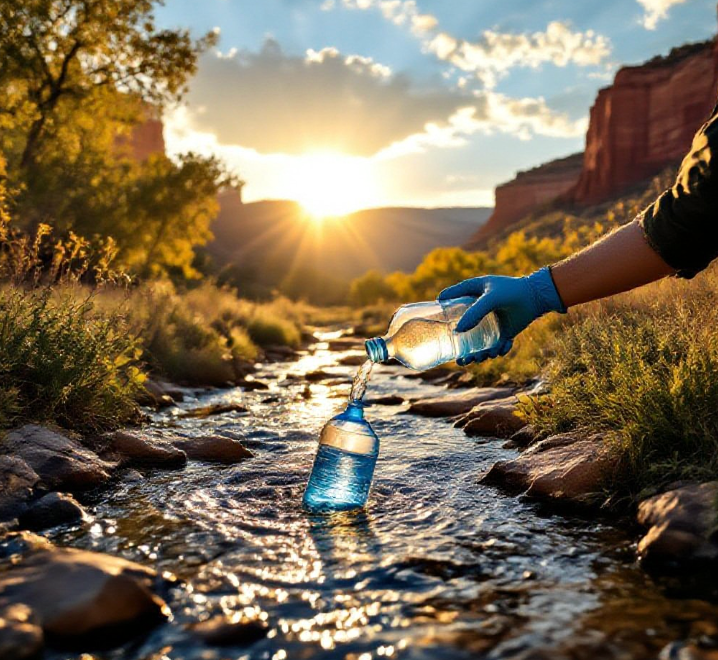 A viral, hyper-realistic YouTube thumbnail with a dramatic environmental documentary atmosphere. The background is a sunlit Western Colorado canyon landscape with clear stream water flowing over rocks, Mancos Shale cliffs in the distance, and subtle irrigation ditches visible. Warm golden hour lighting with god rays cutting through cottonwood trees. The composition uses a low-angle shot looking up the stream to convey importance and urgency. The main subject: a large, faceless water sampling bottle being dipped into the flowing creek by gloved hands (no faces shown). Image size should be 3:2.
The image features massive 3D typography with strict hierarchy:
The Primary Text reads exactly: 'MESA COUNTY'. This text is massive, the largest element in the frame, rendered in weathered brushed steel with subtle water ripple reflections to look like a high-budget 3D render.
The Secondary Text reads exactly: 'CLEAN WATER FIGHT'. This text is significantly smaller, positioned below the main text. It features a thick, glowing orange border/outline (sticker style) to contrast against the natural background. 8k, Unreal Engine 5, cinematic render