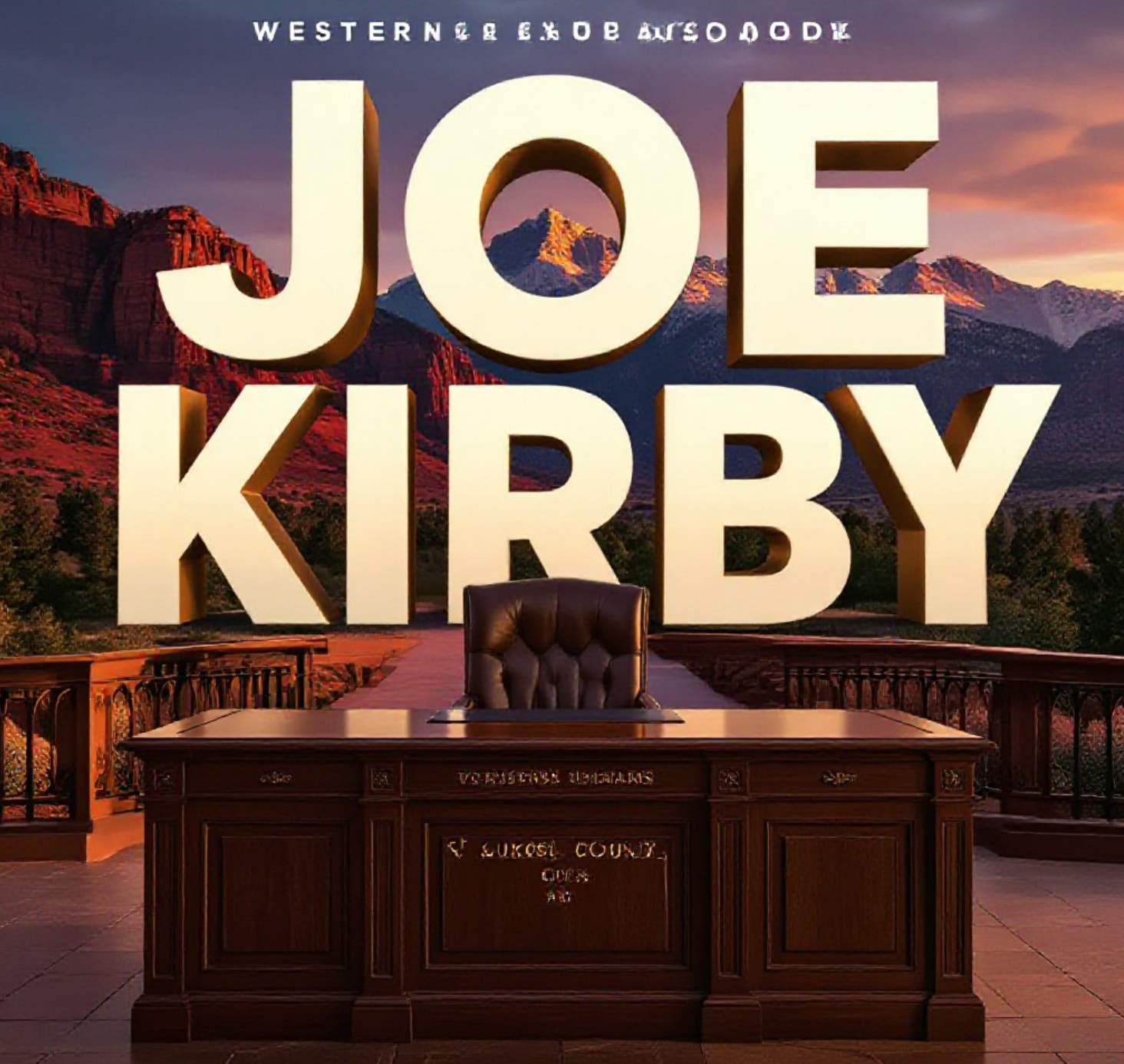 A viral, hyper-realistic YouTube thumbnail with a cinematic government authority atmosphere. The background is the dramatic red rock landscape of western Colorado at golden hour with the San Juan mountains glowing behind the historic Montrose County Courthouse. The composition uses a low-angle shot to focus on the main subject: a polished wooden county manager's desk with an engraved nameplate facing forward. Image size should be 3:2.
The image features massive 3D typography with strict hierarchy:
The Primary Text reads exactly: 'JOE KIRBY'. This text is massive, the largest element in the frame, rendered in brushed bronze metal with realistic light reflections to look like a high-budget 3D render.
The Secondary Text reads exactly: 'RETURNS TO MONTROSE'. This text is significantly smaller, positioned below the main text. It features a thick white border with red outline in sticker style to contrast against the mountain background. Make sure text 2 is always different theme, style, effect and border compared to text 1