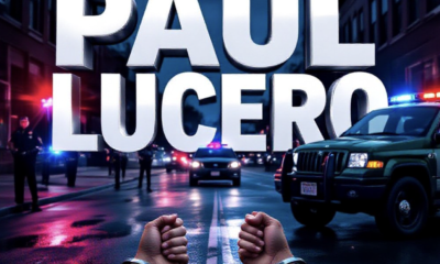 A viral, hyper-realistic YouTube thumbnail with a tense crime-scene atmosphere. The background is a dramatic Grand Junction street at dusk with red and blue police lights flashing across wet pavement and a green Jeep surrounded by officers. The composition uses a low-angle shot to focus on the main subject: a pair of handcuffed wrists in the foreground being pulled toward a patrol car. Image size should be 3:2. The image features massive 3D typography with strict hierarchy: The Primary Text reads exactly: 'PAUL LUCERO'. This text is massive, the largest element in the frame, rendered in cold brushed steel with glowing red edges to look like a high-budget 3D render. The Secondary Text reads exactly: 'KIDS IN JEEP DURING ROBBERY'. This text is significantly smaller, positioned below the main text. It features a thick, bright yellow border/outline (sticker style) to contrast against the background. Make sure text 2 is always different theme, style, effect and border compared to text 1. The text materials correspond to the story's concept. Crucial Instruction: There is absolutely NO other text, numbers, watermarks, or subtitles in this image other than these two specific lines. 8k, Unreal Engine 5, cinematic render