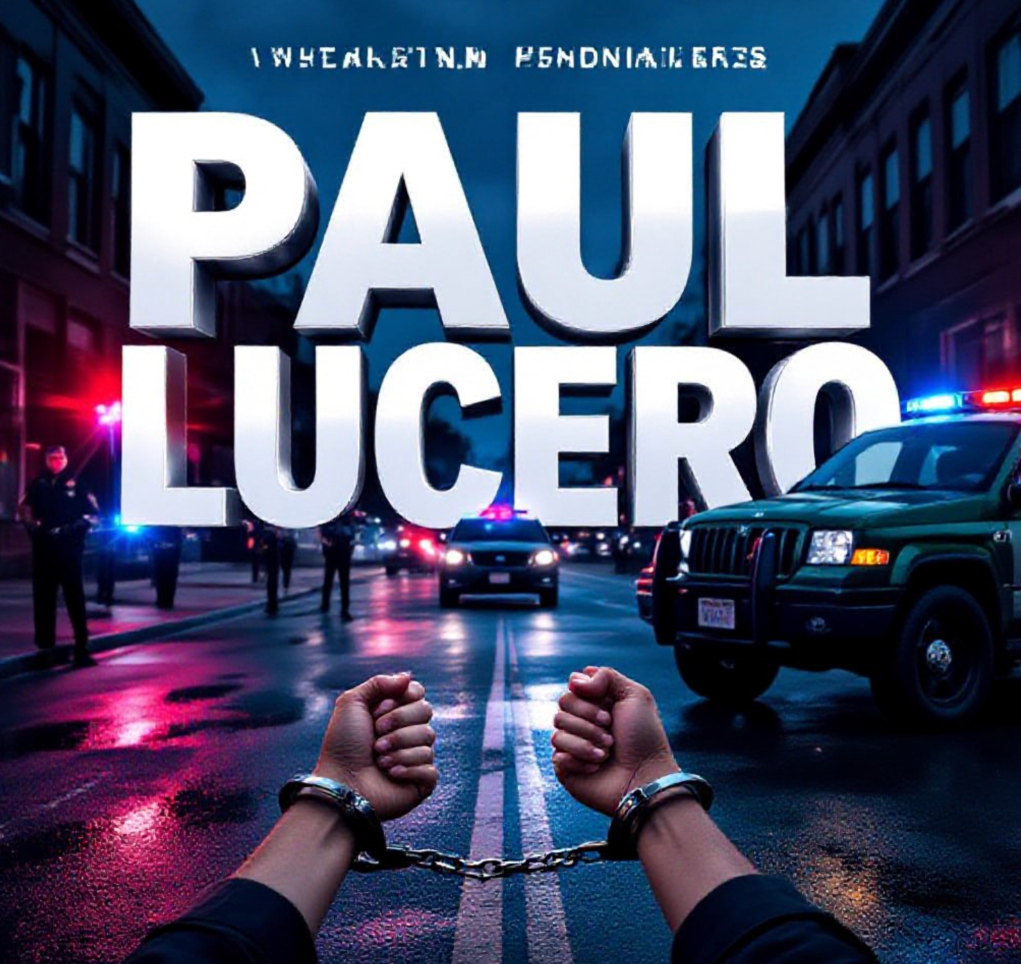 A viral, hyper-realistic YouTube thumbnail with a tense crime-scene atmosphere. The background is a dramatic Grand Junction street at dusk with red and blue police lights flashing across wet pavement and a green Jeep surrounded by officers. The composition uses a low-angle shot to focus on the main subject: a pair of handcuffed wrists in the foreground being pulled toward a patrol car. Image size should be 3:2. The image features massive 3D typography with strict hierarchy: The Primary Text reads exactly: 'PAUL LUCERO'. This text is massive, the largest element in the frame, rendered in cold brushed steel with glowing red edges to look like a high-budget 3D render. The Secondary Text reads exactly: 'KIDS IN JEEP DURING ROBBERY'. This text is significantly smaller, positioned below the main text. It features a thick, bright yellow border/outline (sticker style) to contrast against the background. Make sure text 2 is always different theme, style, effect and border compared to text 1. The text materials correspond to the story's concept. Crucial Instruction: There is absolutely NO other text, numbers, watermarks, or subtitles in this image other than these two specific lines. 8k, Unreal Engine 5, cinematic render