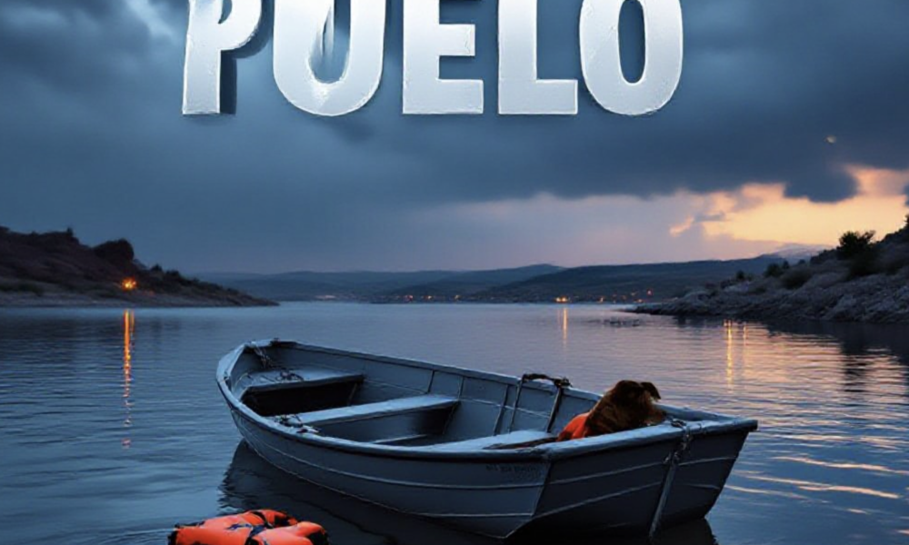 A viral, hyper-realistic YouTube thumbnail with a somber outdoor tragedy atmosphere. The background is a moody Lake Pueblo at dusk with dark storm clouds gathering over calm but ominous water and distant rocky shores with subtle emergency lights flashing on the horizon. The composition uses a low dramatic camera angle looking up at the water surface to focus on the main subject: a capsized aluminum fishing boat half-submerged with a lifeless dog life jacket floating nearby. Image size should be 3:2. The image features massive 3D typography with strict hierarchy: The Primary Text reads exactly: 'LAKE PUEBLO TRAGEDY'. This text is massive, the largest element in the frame, rendered in cold wet chrome metal with water droplets to look like a high-budget 3D render. The Secondary Text reads exactly: 'Man & Dog Lost'. This text is significantly smaller, positioned below the main text. It features a thick red glowing border/outline (sticker style) to contrast against the background. Make sure text 2 is always different theme, style, effect and border compared to text 1.