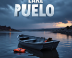 A viral, hyper-realistic YouTube thumbnail with a somber outdoor tragedy atmosphere. The background is a moody Lake Pueblo at dusk with dark storm clouds gathering over calm but ominous water and distant rocky shores with subtle emergency lights flashing on the horizon. The composition uses a low dramatic camera angle looking up at the water surface to focus on the main subject: a capsized aluminum fishing boat half-submerged with a lifeless dog life jacket floating nearby. Image size should be 3:2. The image features massive 3D typography with strict hierarchy: The Primary Text reads exactly: 'LAKE PUEBLO TRAGEDY'. This text is massive, the largest element in the frame, rendered in cold wet chrome metal with water droplets to look like a high-budget 3D render. The Secondary Text reads exactly: 'Man & Dog Lost'. This text is significantly smaller, positioned below the main text. It features a thick red glowing border/outline (sticker style) to contrast against the background. Make sure text 2 is always different theme, style, effect and border compared to text 1.