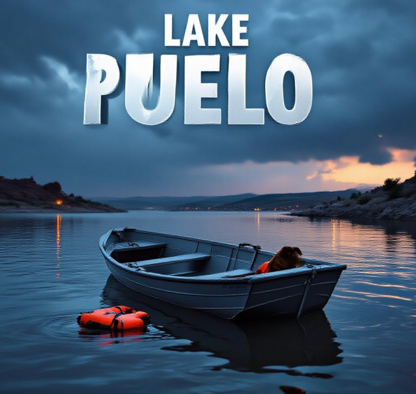 A viral, hyper-realistic YouTube thumbnail with a somber outdoor tragedy atmosphere. The background is a moody Lake Pueblo at dusk with dark storm clouds gathering over calm but ominous water and distant rocky shores with subtle emergency lights flashing on the horizon. The composition uses a low dramatic camera angle looking up at the water surface to focus on the main subject: a capsized aluminum fishing boat half-submerged with a lifeless dog life jacket floating nearby. Image size should be 3:2.
The image features massive 3D typography with strict hierarchy:
The Primary Text reads exactly: 'LAKE PUEBLO TRAGEDY'. This text is massive, the largest element in the frame, rendered in cold wet chrome metal with water droplets to look like a high-budget 3D render.
The Secondary Text reads exactly: 'Man & Dog Lost'. This text is significantly smaller, positioned below the main text. It features a thick red glowing border/outline (sticker style) to contrast against the background. Make sure text 2 is always different theme, style, effect and border compared to text 1.