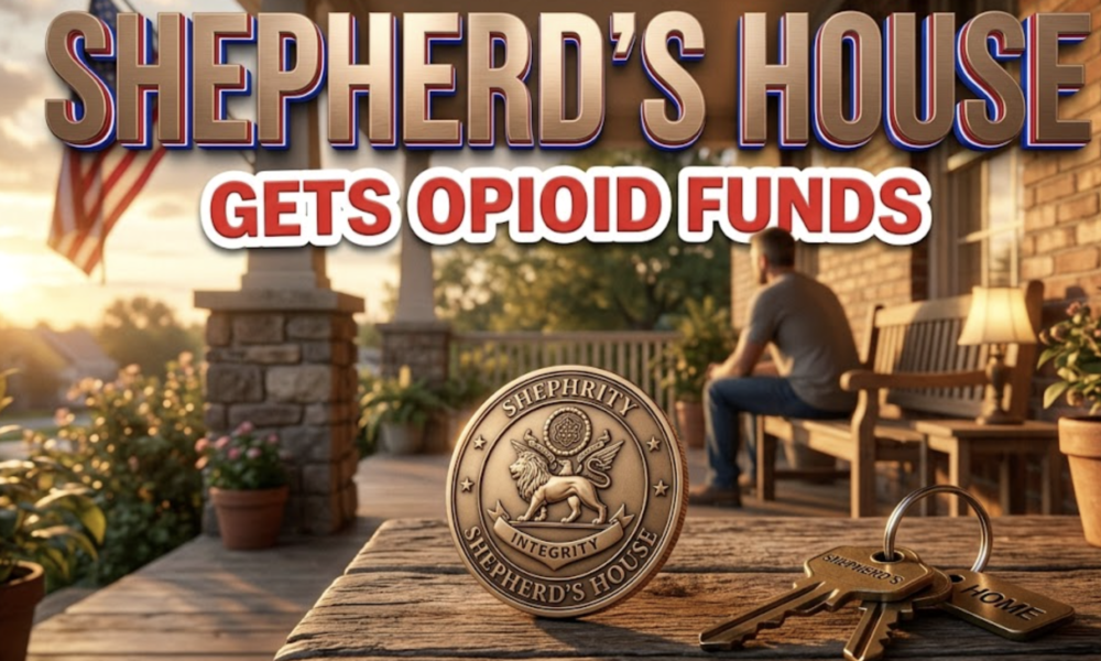 A viral, hyper-realistic YouTube thumbnail with a warm, hopeful recovery atmosphere. The background is the softly lit porch of a modest brick recovery house at golden hour, American flag gently waving. The composition uses a low-angle heroic shot to focus on the main subject: a polished bronze military challenge coin resting on a worn wooden table with a set of house keys beside it. Image size should be 3:2. The image features massive 3D typography with strict hierarchy: The Primary Text reads exactly: 'SHEPHERD’S HOUSE'. This text is massive, the largest element in the frame, rendered in brushed bronze metal with subtle patriotic red-white-blue edge glow to look like a high-budget 3D render. The Secondary Text reads exactly: 'GETS OPIOID FUNDS'. This text is significantly smaller, positioned below the main text. It features a thick white sticker-style outline with slight red shadow to contrast against the warm background. Make sure text 2 is always different theme, style, effect and border compared to text 1.