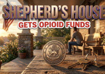 A viral, hyper-realistic YouTube thumbnail with a warm, hopeful recovery atmosphere. The background is the softly lit porch of a modest brick recovery house at golden hour, American flag gently waving. The composition uses a low-angle heroic shot to focus on the main subject: a polished bronze military challenge coin resting on a worn wooden table with a set of house keys beside it. Image size should be 3:2. The image features massive 3D typography with strict hierarchy: The Primary Text reads exactly: 'SHEPHERD’S HOUSE'. This text is massive, the largest element in the frame, rendered in brushed bronze metal with subtle patriotic red-white-blue edge glow to look like a high-budget 3D render. The Secondary Text reads exactly: 'GETS OPIOID FUNDS'. This text is significantly smaller, positioned below the main text. It features a thick white sticker-style outline with slight red shadow to contrast against the warm background. Make sure text 2 is always different theme, style, effect and border compared to text 1.