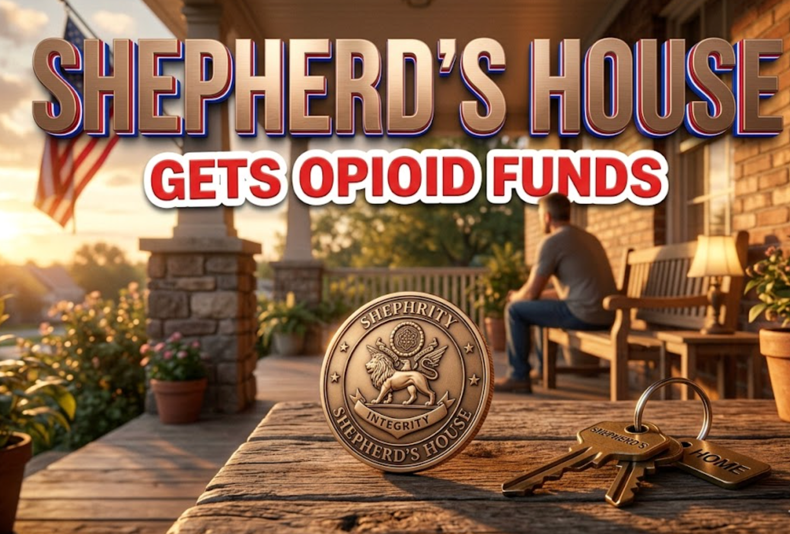 A viral, hyper-realistic YouTube thumbnail with a warm, hopeful recovery atmosphere. The background is the softly lit porch of a modest brick recovery house at golden hour, American flag gently waving. The composition uses a low-angle heroic shot to focus on the main subject: a polished bronze military challenge coin resting on a worn wooden table with a set of house keys beside it. Image size should be 3:2.
The image features massive 3D typography with strict hierarchy:
The Primary Text reads exactly: 'SHEPHERD’S HOUSE'. This text is massive, the largest element in the frame, rendered in brushed bronze metal with subtle patriotic red-white-blue edge glow to look like a high-budget 3D render.
The Secondary Text reads exactly: 'GETS OPIOID FUNDS'. This text is significantly smaller, positioned below the main text. It features a thick white sticker-style outline with slight red shadow to contrast against the warm background. Make sure text 2 is always different theme, style, effect and border compared to text 1.