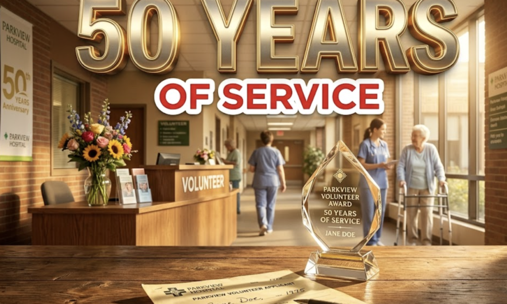 A viral, hyper-realistic YouTube thumbnail with a warm, golden-hour hospital atmosphere. The background is a softly lit Parkview hospital corridor filled with gentle sunlight streaming through windows and fresh flowers on the volunteer desk. The composition uses a low-angle cinematic shot to focus on the main subject: a beautifully crafted crystal volunteer award trophy resting on a wooden table beside a yellowed 1975 application paper. Image size should be 3:2. The image features massive 3D typography with strict hierarchy: The Primary Text reads exactly: '50 YEARS'. This text is massive, the largest element in the frame, rendered in polished gold chrome with subtle glowing edges to look like a high-budget 3D render. The Secondary Text reads exactly: 'OF SERVICE'. This text is significantly smaller, positioned below the main text. It features a thick white border with soft red outline (sticker style) to contrast against the warm background. Make sure text 2 is always different theme, style, effect and border compared to text 1