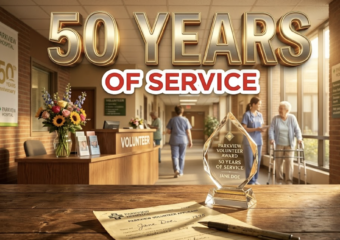 A viral, hyper-realistic YouTube thumbnail with a warm, golden-hour hospital atmosphere. The background is a softly lit Parkview hospital corridor filled with gentle sunlight streaming through windows and fresh flowers on the volunteer desk. The composition uses a low-angle cinematic shot to focus on the main subject: a beautifully crafted crystal volunteer award trophy resting on a wooden table beside a yellowed 1975 application paper. Image size should be 3:2. The image features massive 3D typography with strict hierarchy: The Primary Text reads exactly: '50 YEARS'. This text is massive, the largest element in the frame, rendered in polished gold chrome with subtle glowing edges to look like a high-budget 3D render. The Secondary Text reads exactly: 'OF SERVICE'. This text is significantly smaller, positioned below the main text. It features a thick white border with soft red outline (sticker style) to contrast against the warm background. Make sure text 2 is always different theme, style, effect and border compared to text 1
