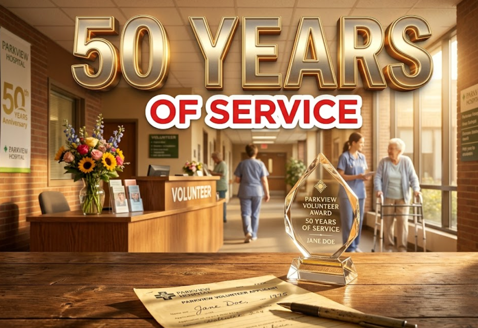 A viral, hyper-realistic YouTube thumbnail with a warm, golden-hour hospital atmosphere. The background is a softly lit Parkview hospital corridor filled with gentle sunlight streaming through windows and fresh flowers on the volunteer desk. The composition uses a low-angle cinematic shot to focus on the main subject: a beautifully crafted crystal volunteer award trophy resting on a wooden table beside a yellowed 1975 application paper. Image size should be 3:2.
The image features massive 3D typography with strict hierarchy:
The Primary Text reads exactly: '50 YEARS'. This text is massive, the largest element in the frame, rendered in polished gold chrome with subtle glowing edges to look like a high-budget 3D render.
The Secondary Text reads exactly: 'OF SERVICE'. This text is significantly smaller, positioned below the main text. It features a thick white border with soft red outline (sticker style) to contrast against the warm background. Make sure text 2 is always different theme, style, effect and border compared to text 1