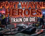 A viral, hyper-realistic YouTube thumbnail with a dramatic emergency services atmosphere. The background is a dark coliseum hallway filled with red and blue emergency lights flashing off concrete walls with medical equipment scattered. The composition uses a low-angle cinematic shot to focus on the main subject: a gleaming chrome stethoscope wrapped around a blood-pressure cuff and trauma shears. Image size should be 3:2. The image features massive 3D typography with strict hierarchy: The Primary Text reads exactly: 'FORT WAYNE HEROES'. This text is massive, the largest element in the frame, rendered in molten red chrome with glowing edges to look like a high-budget 3D render. The Secondary Text reads exactly: 'TRAIN OR DIE'. This text is significantly smaller, positioned below the main text. It features a thick white outline with black sticker-style border and subtle vibration effect. Make sure text 2 is always different theme, style, effect and border compared to text 1