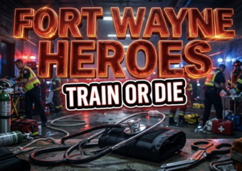 A viral, hyper-realistic YouTube thumbnail with a dramatic emergency services atmosphere. The background is a dark coliseum hallway filled with red and blue emergency lights flashing off concrete walls with medical equipment scattered. The composition uses a low-angle cinematic shot to focus on the main subject: a gleaming chrome stethoscope wrapped around a blood-pressure cuff and trauma shears. Image size should be 3:2. The image features massive 3D typography with strict hierarchy: The Primary Text reads exactly: 'FORT WAYNE HEROES'. This text is massive, the largest element in the frame, rendered in molten red chrome with glowing edges to look like a high-budget 3D render. The Secondary Text reads exactly: 'TRAIN OR DIE'. This text is significantly smaller, positioned below the main text. It features a thick white outline with black sticker-style border and subtle vibration effect. Make sure text 2 is always different theme, style, effect and border compared to text 1