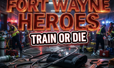 A viral, hyper-realistic YouTube thumbnail with a dramatic emergency services atmosphere. The background is a dark coliseum hallway filled with red and blue emergency lights flashing off concrete walls with medical equipment scattered. The composition uses a low-angle cinematic shot to focus on the main subject: a gleaming chrome stethoscope wrapped around a blood-pressure cuff and trauma shears. Image size should be 3:2. The image features massive 3D typography with strict hierarchy: The Primary Text reads exactly: 'FORT WAYNE HEROES'. This text is massive, the largest element in the frame, rendered in molten red chrome with glowing edges to look like a high-budget 3D render. The Secondary Text reads exactly: 'TRAIN OR DIE'. This text is significantly smaller, positioned below the main text. It features a thick white outline with black sticker-style border and subtle vibration effect. Make sure text 2 is always different theme, style, effect and border compared to text 1