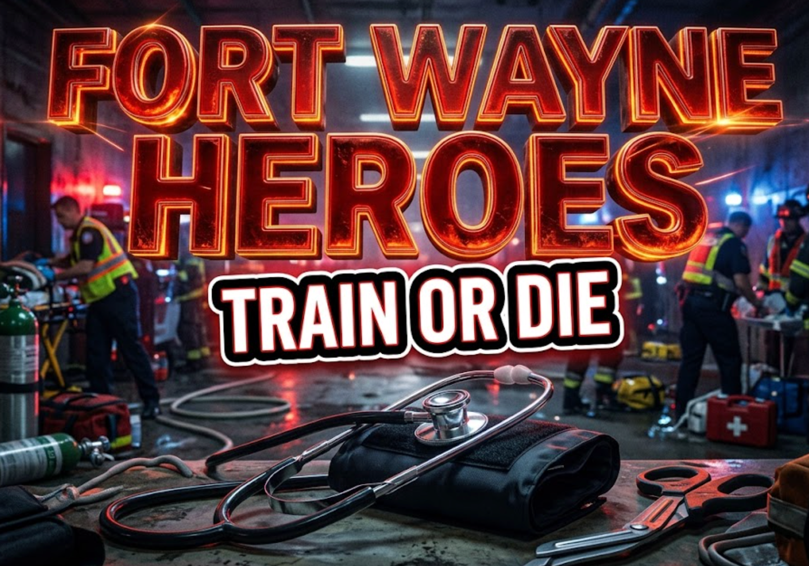 A viral, hyper-realistic YouTube thumbnail with a dramatic emergency services atmosphere. The background is a dark coliseum hallway filled with red and blue emergency lights flashing off concrete walls with medical equipment scattered. The composition uses a low-angle cinematic shot to focus on the main subject: a gleaming chrome stethoscope wrapped around a blood-pressure cuff and trauma shears. Image size should be 3:2.
The image features massive 3D typography with strict hierarchy:
The Primary Text reads exactly: 'FORT WAYNE HEROES'. This text is massive, the largest element in the frame, rendered in molten red chrome with glowing edges to look like a high-budget 3D render.
The Secondary Text reads exactly: 'TRAIN OR DIE'. This text is significantly smaller, positioned below the main text. It features a thick white outline with black sticker-style border and subtle vibration effect. Make sure text 2 is always different theme, style, effect and border compared to text 1