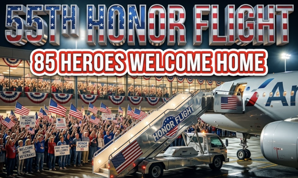 A viral, hyper-realistic YouTube thumbnail with a patriotic, heartfelt American atmosphere. The background is a packed Fort Wayne airport terminal at night filled with hundreds of people waving American flags under warm terminal lights and red-white-blue buntings. The composition uses a dramatic low-angle shot to focus on the main subject: a gleaming silver airline jet stair truck with the Honor Flight logo. Image size should be 3:2. The image features massive 3D typography with strict hierarchy: The Primary Text reads exactly: '55TH HONOR FLIGHT'. This text is massive, the largest element in the frame, rendered in polished chrome with subtle American flag reflections to look like a high-budget 3D render. The Secondary Text reads exactly: '85 HEROES WELCOME HOME'. This text is significantly smaller, positioned below the main text. It features a thick white glow border with red outline (sticker style) to contrast against the background. Make sure text 2 is always different theme, style, effect and border compared to text 1