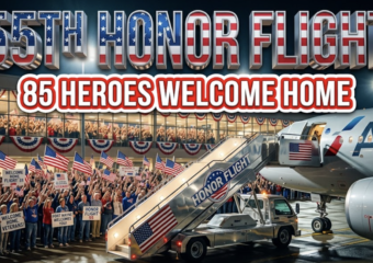A viral, hyper-realistic YouTube thumbnail with a patriotic, heartfelt American atmosphere. The background is a packed Fort Wayne airport terminal at night filled with hundreds of people waving American flags under warm terminal lights and red-white-blue buntings. The composition uses a dramatic low-angle shot to focus on the main subject: a gleaming silver airline jet stair truck with the Honor Flight logo. Image size should be 3:2. The image features massive 3D typography with strict hierarchy: The Primary Text reads exactly: '55TH HONOR FLIGHT'. This text is massive, the largest element in the frame, rendered in polished chrome with subtle American flag reflections to look like a high-budget 3D render. The Secondary Text reads exactly: '85 HEROES WELCOME HOME'. This text is significantly smaller, positioned below the main text. It features a thick white glow border with red outline (sticker style) to contrast against the background. Make sure text 2 is always different theme, style, effect and border compared to text 1