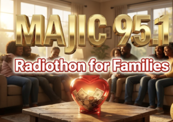 A viral, hyper-realistic YouTube thumbnail with a warm, hopeful midwest community atmosphere. The background is the cozy living room of the Ronald McDonald House in Fort Wayne at golden hour, soft sunlight streaming through windows onto families hugging. The composition uses a low angle to focus on the main subject: a glowing red heart-shaped donation jar overflowing with cash and coins. Image size should be 3:2. The image features massive 3D typography with strict hierarchy: The Primary Text reads exactly: 'MAJIC 95.1'. This text is massive, the largest element in the frame, rendered in polished gold chrome to look like a high-budget 3D render. The Secondary Text reads exactly: 'Radiothon for Families'. This text is significantly smaller, positioned below the main text. It features a thick, white glow border with red outline to contrast against the background. Make sure text 2 is always different theme, style, effect and border compared to text 1. The text materials correspond to the story's concept. Crucial Instruction: There is absolutely NO other text, numbers, watermarks, or subtitles in this image other than these two specific lines. 8k, Unreal Engine 5, cinematic render.