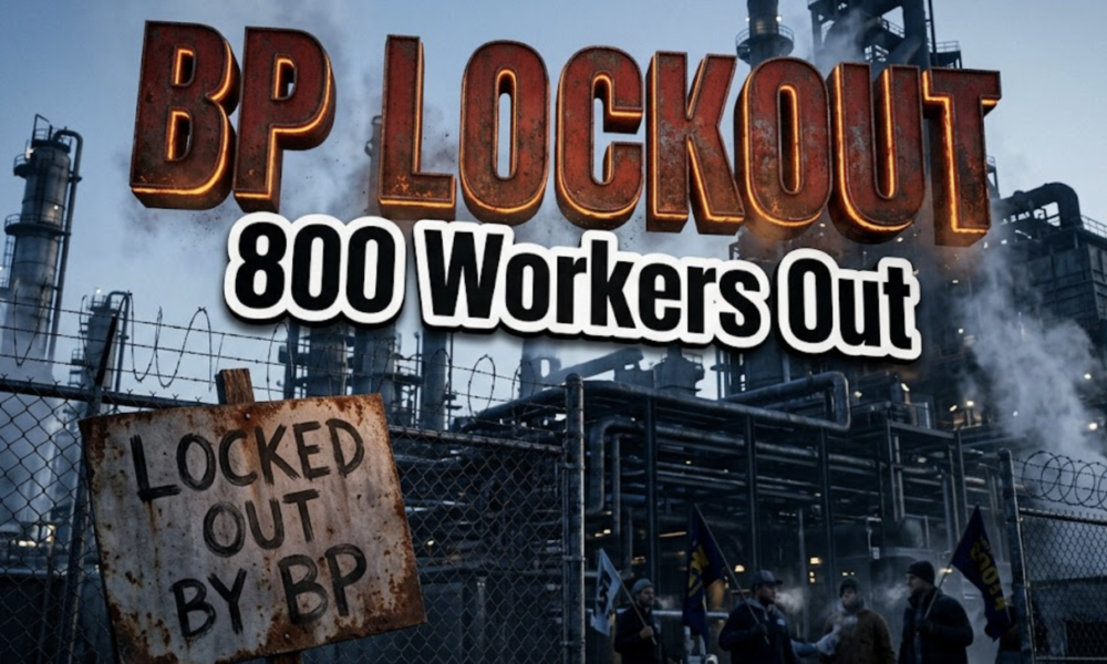 A viral, hyper-realistic YouTube thumbnail with a gritty industrial atmosphere. The background is the massive dark steel pipework of Whiting refinery at dawn with cold blue-gray sky and steam rising. The composition uses a low-angle shot to focus on the main subject: a rusted union picket sign leaning against the chain-link fence that reads "LOCKED OUT BY BP". Image size should be 3:2. The image features massive 3D typography with strict hierarchy: The Primary Text reads exactly: 'BP LOCKOUT'. This text is massive, the largest element in the frame, rendered in weathered red steel with glowing orange edges like hot metal. The Secondary Text reads exactly: '800 Workers Out'. This text is significantly smaller, positioned below the main text with thick white outline and black shadow sticker style. The text materials correspond to the story's concept. Crucial Instruction: There is absolutely NO other text, numbers, watermarks, or subtitles in this image other than these two specific lines. 8k, Unreal Engine 5, cinematic render