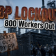 A viral, hyper-realistic YouTube thumbnail with a gritty industrial atmosphere. The background is the massive dark steel pipework of Whiting refinery at dawn with cold blue-gray sky and steam rising. The composition uses a low-angle shot to focus on the main subject: a rusted union picket sign leaning against the chain-link fence that reads "LOCKED OUT BY BP". Image size should be 3:2. The image features massive 3D typography with strict hierarchy: The Primary Text reads exactly: 'BP LOCKOUT'. This text is massive, the largest element in the frame, rendered in weathered red steel with glowing orange edges like hot metal. The Secondary Text reads exactly: '800 Workers Out'. This text is significantly smaller, positioned below the main text with thick white outline and black shadow sticker style. The text materials correspond to the story's concept. Crucial Instruction: There is absolutely NO other text, numbers, watermarks, or subtitles in this image other than these two specific lines. 8k, Unreal Engine 5, cinematic render