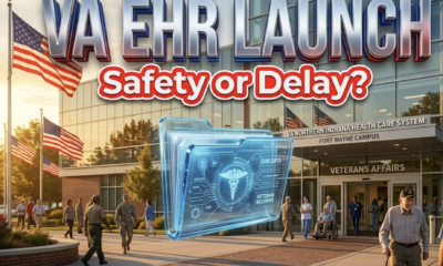 A viral, hyper-realistic YouTube thumbnail with a serious military-medical atmosphere. The background is the modern glass entrance of the VA Northern Indiana Health Care System Fort Wayne campus at golden hour with American flags waving. The composition uses a dramatic low-angle shot to focus on the main subject: a massive, glowing digital health record folder made of translucent blue glass floating in mid-air. Image size should be 3:2. The image features massive 3D typography with strict hierarchy: The Primary Text reads exactly: 'VA EHR LAUNCH'. This text is massive, the largest element in the frame, rendered in polished chrome with subtle red-white-blue light reflections to look like a high-budget 3D render. The Secondary Text reads exactly: 'Safety or Delay?'. This text is significantly smaller, positioned below the main text. It features a thick, urgent red border/outline (sticker style) to contrast against the background. Make sure text 2 is always different theme, style, effect and border compared to text 1