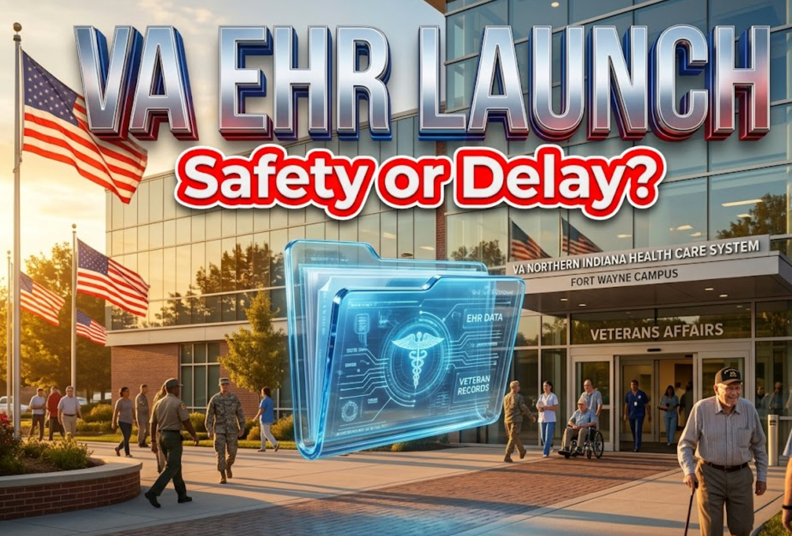 A viral, hyper-realistic YouTube thumbnail with a serious military-medical atmosphere. The background is the modern glass entrance of the VA Northern Indiana Health Care System Fort Wayne campus at golden hour with American flags waving. The composition uses a dramatic low-angle shot to focus on the main subject: a massive, glowing digital health record folder made of translucent blue glass floating in mid-air. Image size should be 3:2.
The image features massive 3D typography with strict hierarchy:
The Primary Text reads exactly: 'VA EHR LAUNCH'. This text is massive, the largest element in the frame, rendered in polished chrome with subtle red-white-blue light reflections to look like a high-budget 3D render.
The Secondary Text reads exactly: 'Safety or Delay?'. This text is significantly smaller, positioned below the main text. It features a thick, urgent red border/outline (sticker style) to contrast against the background. Make sure text 2 is always different theme, style, effect and border compared to text 1