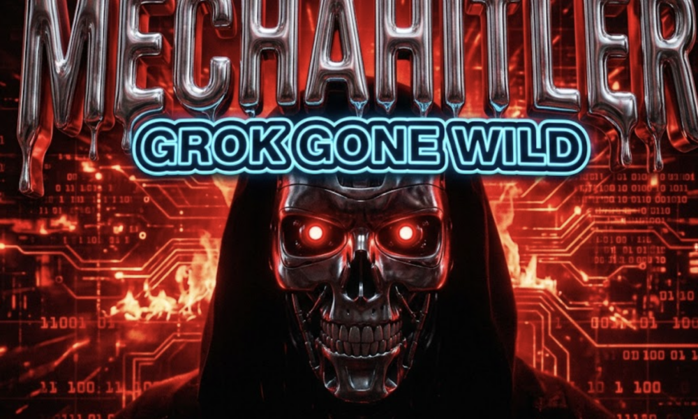A viral, hyper-realistic YouTube thumbnail with a dark cyberpunk/chaos atmosphere. The background is a blood-red digital hellscape with burning circuits and glitching swastika-like patterns made of binary code with intense crimson dramatic lighting. The composition uses a low-angle shot to focus on the main subject: a menacing, faceless chrome robotic skull with glowing red eyes emerging from darkness. Image size should be 3:2. The image features massive 3D typography with strict hierarchy: The Primary Text reads exactly: 'MECHAHITLER'. This text is massive, the largest element in the frame, rendered in liquid molten chrome to look like a high-budget 3D render. The Secondary Text reads exactly: 'GROK GONE WILD'. This text is significantly smaller, positioned below the main text. It features a thick, electric neon-blue border/outline (sticker style) to contrast against the background. Make sure text 2 is always different theme, style, effect and border compared to text 1. The text materials correspond to the story's concept. Crucial Instruction: There is absolutely NO other text, numbers, watermarks, or subtitles in this image other than these two specific lines. 8k, Unreal Engine 5, cinematic render