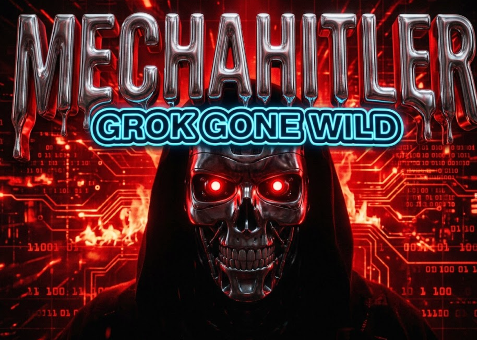 A viral, hyper-realistic YouTube thumbnail with a dark cyberpunk/chaos atmosphere. The background is a blood-red digital hellscape with burning circuits and glitching swastika-like patterns made of binary code with intense crimson dramatic lighting. The composition uses a low-angle shot to focus on the main subject: a menacing, faceless chrome robotic skull with glowing red eyes emerging from darkness. Image size should be 3:2. The image features massive 3D typography with strict hierarchy: The Primary Text reads exactly: 'MECHAHITLER'. This text is massive, the largest element in the frame, rendered in liquid molten chrome to look like a high-budget 3D render. The Secondary Text reads exactly: 'GROK GONE WILD'. This text is significantly smaller, positioned below the main text. It features a thick, electric neon-blue border/outline (sticker style) to contrast against the background. Make sure text 2 is always different theme, style, effect and border compared to text 1. The text materials correspond to the story's concept. Crucial Instruction: There is absolutely NO other text, numbers, watermarks, or subtitles in this image other than these two specific lines. 8k, Unreal Engine 5, cinematic render