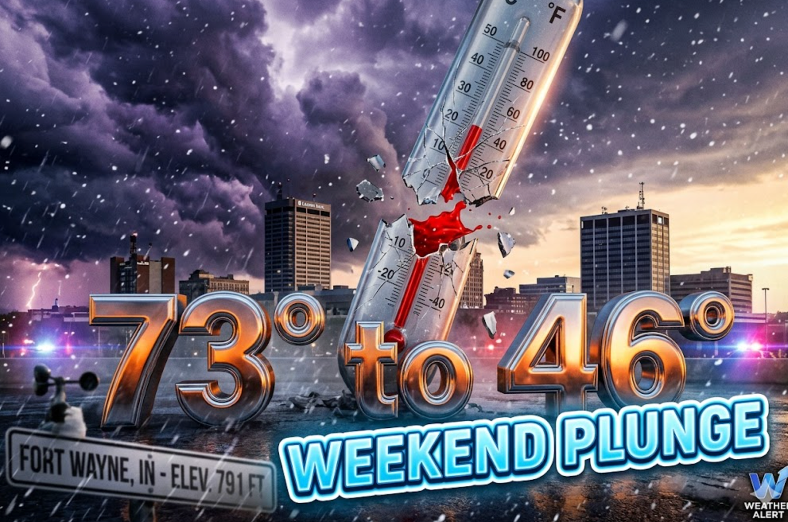 A viral, hyper-realistic YouTube thumbnail with a dramatic weather atmosphere. The background is a stormy Fort Wayne skyline at dusk with dark purple clouds rolling in from the west and golden warm light fading in the east. The composition uses a dramatic low angle to focus on the main subject: a massive cracked thermometer splitting in half. Image size should be 3:2.
The image features massive 3D typography with strict hierarchy:
The Primary Text reads exactly: '73° to 46°'. This text is massive, the largest element in the frame, rendered in molten chrome to look like a high-budget 3D render.
The Secondary Text reads exactly: 'WEEKEND PLUNGE'. This text is significantly smaller, positioned below the main text. It features a thick, icy blue glowing border/outline (sticker style) to contrast against the background. Make sure text 2 is always different theme, style, effect and border compared to text 1.