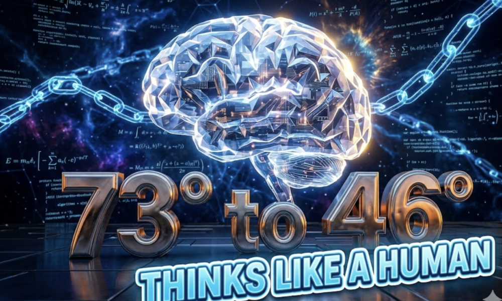 A viral, hyper-realistic YouTube thumbnail with a sleek cyberpunk tech atmosphere. The background is a vast dark neural network cosmos with glowing blue reasoning chains weaving through floating mathematical equations and code fragments, dramatic rim lighting from a distant supernova. The composition uses a dramatic low-angle shot to focus on the main subject: a massive, intricate crystalline brain made of pure light and circuitry. Image size should be 3:2. The image features massive 3D typography with strict hierarchy: The Primary Text reads exactly: 'o1'. This text is massive, the largest element in the frame, rendered in molten liquid mercury chrome to look like a high-budget 3D render. The Secondary Text reads exactly: 'THINKS LIKE A HUMAN'. This text is significantly smaller, positioned below the main text. It features a thick, electric cyan glowing border/outline (sticker style) to contrast against the background. Make sure text 2 is always different theme, style, effect and border compared to text 1. The text materials correspond to the story's concept. Crucial Instruction: There is absolutely NO other text, numbers, watermarks, or subtitles in this image other than these two specific lines. 8k, Unreal Engine 5, cinematic render.