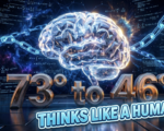 A viral, hyper-realistic YouTube thumbnail with a sleek cyberpunk tech atmosphere. The background is a vast dark neural network cosmos with glowing blue reasoning chains weaving through floating mathematical equations and code fragments, dramatic rim lighting from a distant supernova. The composition uses a dramatic low-angle shot to focus on the main subject: a massive, intricate crystalline brain made of pure light and circuitry. Image size should be 3:2. The image features massive 3D typography with strict hierarchy: The Primary Text reads exactly: 'o1'. This text is massive, the largest element in the frame, rendered in molten liquid mercury chrome to look like a high-budget 3D render. The Secondary Text reads exactly: 'THINKS LIKE A HUMAN'. This text is significantly smaller, positioned below the main text. It features a thick, electric cyan glowing border/outline (sticker style) to contrast against the background. Make sure text 2 is always different theme, style, effect and border compared to text 1. The text materials correspond to the story's concept. Crucial Instruction: There is absolutely NO other text, numbers, watermarks, or subtitles in this image other than these two specific lines. 8k, Unreal Engine 5, cinematic render.