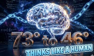 A viral, hyper-realistic YouTube thumbnail with a sleek cyberpunk tech atmosphere. The background is a vast dark neural network cosmos with glowing blue reasoning chains weaving through floating mathematical equations and code fragments, dramatic rim lighting from a distant supernova. The composition uses a dramatic low-angle shot to focus on the main subject: a massive, intricate crystalline brain made of pure light and circuitry. Image size should be 3:2. The image features massive 3D typography with strict hierarchy: The Primary Text reads exactly: 'o1'. This text is massive, the largest element in the frame, rendered in molten liquid mercury chrome to look like a high-budget 3D render. The Secondary Text reads exactly: 'THINKS LIKE A HUMAN'. This text is significantly smaller, positioned below the main text. It features a thick, electric cyan glowing border/outline (sticker style) to contrast against the background. Make sure text 2 is always different theme, style, effect and border compared to text 1. The text materials correspond to the story's concept. Crucial Instruction: There is absolutely NO other text, numbers, watermarks, or subtitles in this image other than these two specific lines. 8k, Unreal Engine 5, cinematic render.