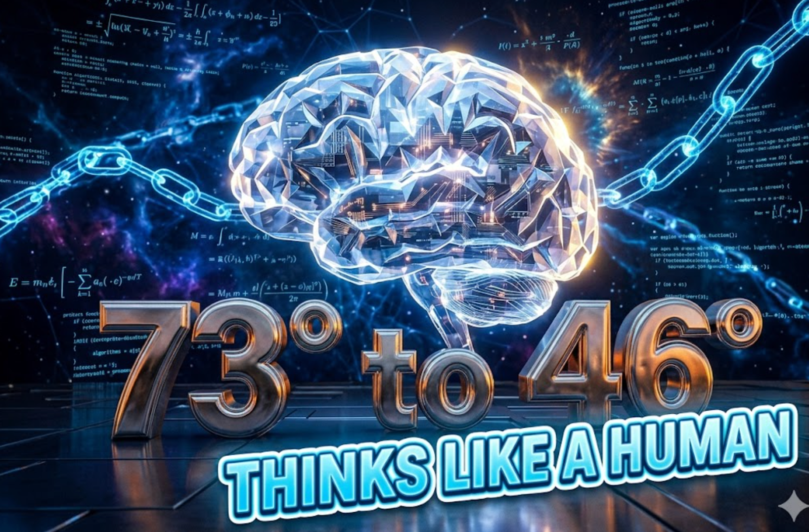 A viral, hyper-realistic YouTube thumbnail with a sleek cyberpunk tech atmosphere. The background is a vast dark neural network cosmos with glowing blue reasoning chains weaving through floating mathematical equations and code fragments, dramatic rim lighting from a distant supernova. The composition uses a dramatic low-angle shot to focus on the main subject: a massive, intricate crystalline brain made of pure light and circuitry. Image size should be 3:2. The image features massive 3D typography with strict hierarchy: The Primary Text reads exactly: 'o1'. This text is massive, the largest element in the frame, rendered in molten liquid mercury chrome to look like a high-budget 3D render. The Secondary Text reads exactly: 'THINKS LIKE A HUMAN'. This text is significantly smaller, positioned below the main text. It features a thick, electric cyan glowing border/outline (sticker style) to contrast against the background. Make sure text 2 is always different theme, style, effect and border compared to text 1. The text materials correspond to the story's concept. Crucial Instruction: There is absolutely NO other text, numbers, watermarks, or subtitles in this image other than these two specific lines. 8k, Unreal Engine 5, cinematic render.