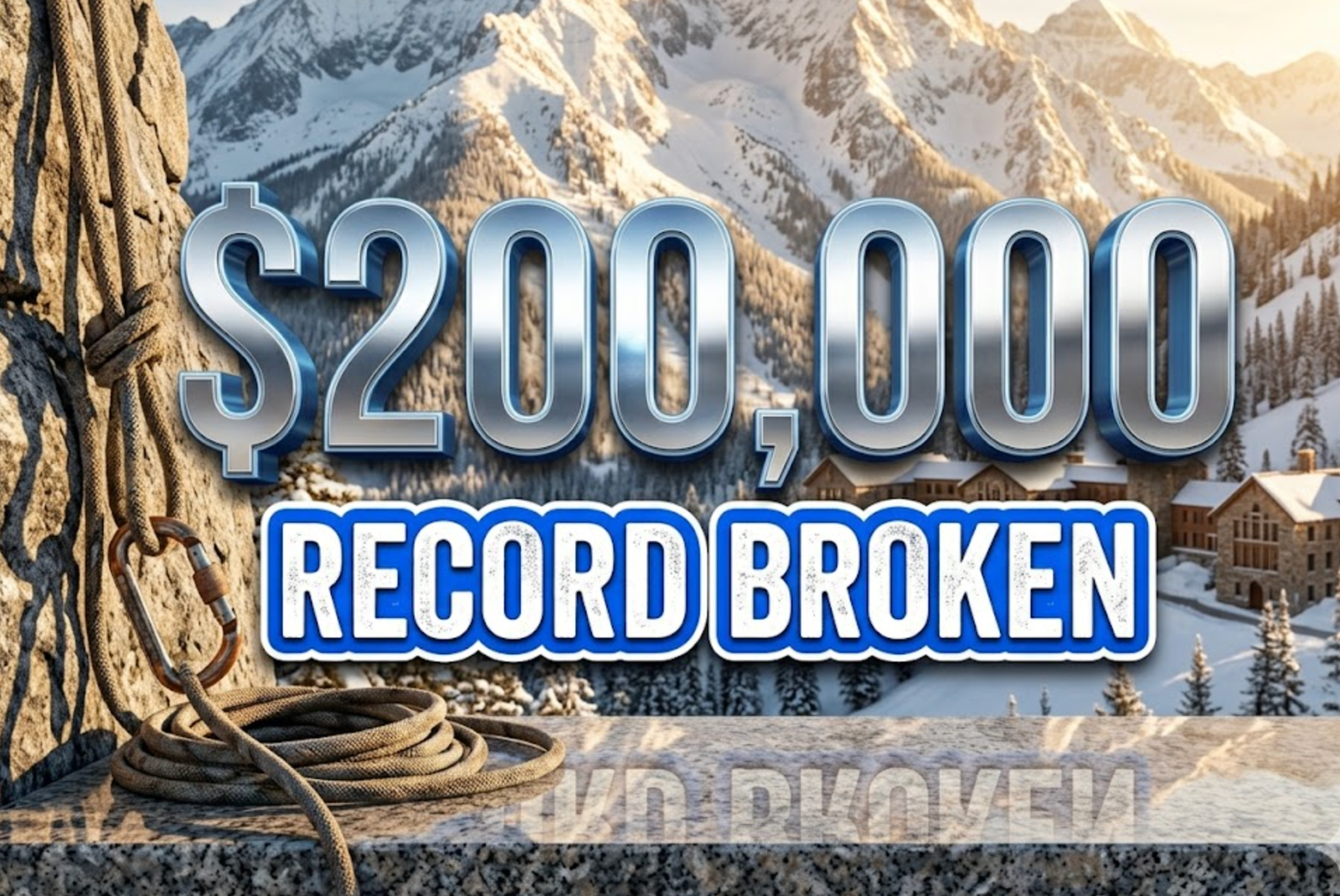 A viral, hyper-realistic YouTube thumbnail with a Kinetic Sports atmosphere. The background is a snowy, sun-drenched mountain campus in Gunnison with dramatic morning lighting. The composition uses a Low Angle to focus on the main subject: a Climbing Carabiner and Rope. Image size should be 3:2. The image features massive 3D typography with strict hierarchy: The Primary Text reads exactly: '$200,000'. This text is massive, the largest element in the frame, rendered in Chrome to look like a high-budget 3D render. The Secondary Text reads exactly: 'RECORD BROKEN'. This text is significantly smaller, positioned below or next to the main text. It features a thick, distinct color border/outline (sticker style) to contrast against the background. Make sure text 2 is always different theme, style, effect and border compared to text 1.