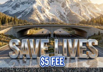 A viral, hyper-realistic YouTube thumbnail with a Kinetic atmosphere. The background is a Colorado mountain highway at golden hour with dramatic lighting. The composition uses a Low Angle to focus on the main subject: a massive concrete Wildlife Overpass bridge. Image size should be 3:2. The image features massive 3D typography with strict hierarchy: The Primary Text reads exactly: 'SAVE LIVES'. This text is massive, the largest element in the frame, rendered in Chrome to look like a high-budget 3D render. The Secondary Text reads exactly: '$5 FEE'. This text is significantly smaller, positioned below or next to the main text. It features a thick, distinct color border/outline (sticker style) to contrast against the background. Make sure text 2 is always different theme, style, effect and border compared to text 1.