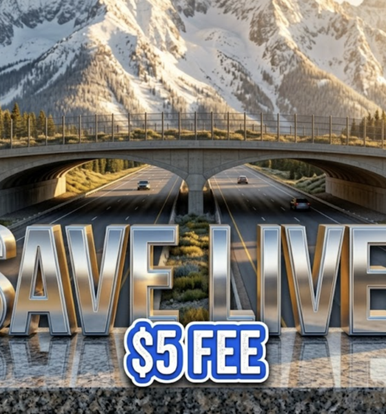 A viral, hyper-realistic YouTube thumbnail with a Kinetic atmosphere. The background is a Colorado mountain highway at golden hour with dramatic lighting. The composition uses a Low Angle to focus on the main subject: a massive concrete Wildlife Overpass bridge. Image size should be 3:2. The image features massive 3D typography with strict hierarchy: The Primary Text reads exactly: 'SAVE LIVES'. This text is massive, the largest element in the frame, rendered in Chrome to look like a high-budget 3D render. The Secondary Text reads exactly: '$5 FEE'. This text is significantly smaller, positioned below or next to the main text. It features a thick, distinct color border/outline (sticker style) to contrast against the background. Make sure text 2 is always different theme, style, effect and border compared to text 1.