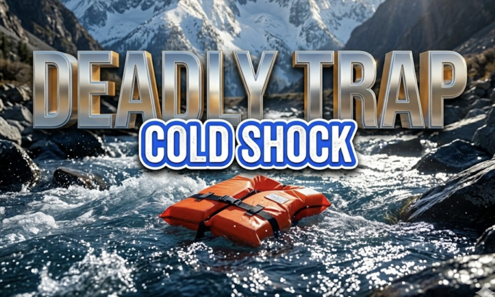 A viral, hyper-realistic YouTube thumbnail with a Kinetic Sports atmosphere. The background is a rushing, sunlit river with visible jagged rocks and cold blue water splashing. The composition uses a Low Angle to focus on the main subject: a bright orange Life Jacket floating on the surface. Image size should be 3:2. The image features massive 3D typography with strict hierarchy: The Primary Text reads exactly: 'DEADLY TRAP'. This text is massive, the largest element in the frame, rendered in Chrome to look like a high-budget 3D render. The Secondary Text reads exactly: 'COLD SHOCK'. This text is significantly smaller, positioned below or next to the main text. It features a thick, distinct color border/outline (sticker style) to contrast against the background. Make sure text 2 is always different theme, style, effect and border compared to text 1.