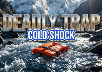 A viral, hyper-realistic YouTube thumbnail with a Kinetic Sports atmosphere. The background is a rushing, sunlit river with visible jagged rocks and cold blue water splashing. The composition uses a Low Angle to focus on the main subject: a bright orange Life Jacket floating on the surface. Image size should be 3:2. The image features massive 3D typography with strict hierarchy: The Primary Text reads exactly: 'DEADLY TRAP'. This text is massive, the largest element in the frame, rendered in Chrome to look like a high-budget 3D render. The Secondary Text reads exactly: 'COLD SHOCK'. This text is significantly smaller, positioned below or next to the main text. It features a thick, distinct color border/outline (sticker style) to contrast against the background. Make sure text 2 is always different theme, style, effect and border compared to text 1.