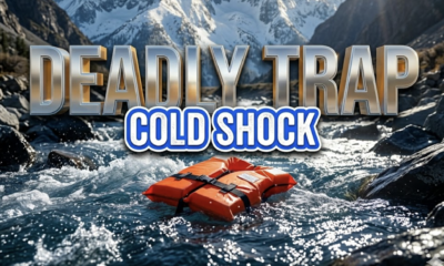 A viral, hyper-realistic YouTube thumbnail with a Kinetic Sports atmosphere. The background is a rushing, sunlit river with visible jagged rocks and cold blue water splashing. The composition uses a Low Angle to focus on the main subject: a bright orange Life Jacket floating on the surface. Image size should be 3:2. The image features massive 3D typography with strict hierarchy: The Primary Text reads exactly: 'DEADLY TRAP'. This text is massive, the largest element in the frame, rendered in Chrome to look like a high-budget 3D render. The Secondary Text reads exactly: 'COLD SHOCK'. This text is significantly smaller, positioned below or next to the main text. It features a thick, distinct color border/outline (sticker style) to contrast against the background. Make sure text 2 is always different theme, style, effect and border compared to text 1.