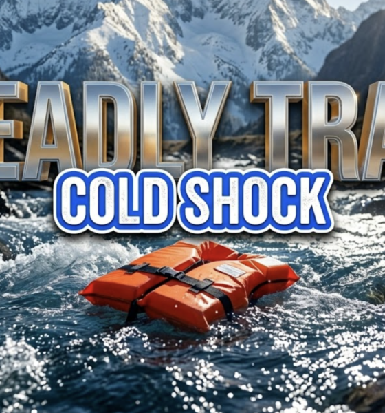 A viral, hyper-realistic YouTube thumbnail with a Kinetic Sports atmosphere. The background is a rushing, sunlit river with visible jagged rocks and cold blue water splashing. The composition uses a Low Angle to focus on the main subject: a bright orange Life Jacket floating on the surface. Image size should be 3:2. The image features massive 3D typography with strict hierarchy: The Primary Text reads exactly: 'DEADLY TRAP'. This text is massive, the largest element in the frame, rendered in Chrome to look like a high-budget 3D render. The Secondary Text reads exactly: 'COLD SHOCK'. This text is significantly smaller, positioned below or next to the main text. It features a thick, distinct color border/outline (sticker style) to contrast against the background. Make sure text 2 is always different theme, style, effect and border compared to text 1.