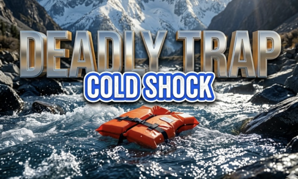 A viral, hyper-realistic YouTube thumbnail with a Kinetic Sports atmosphere. The background is a rushing, sunlit river with visible jagged rocks and cold blue water splashing. The composition uses a Low Angle to focus on the main subject: a bright orange Life Jacket floating on the surface. Image size should be 3:2. The image features massive 3D typography with strict hierarchy: The Primary Text reads exactly: 'DEADLY TRAP'. This text is massive, the largest element in the frame, rendered in Chrome to look like a high-budget 3D render. The Secondary Text reads exactly: 'COLD SHOCK'. This text is significantly smaller, positioned below or next to the main text. It features a thick, distinct color border/outline (sticker style) to contrast against the background. Make sure text 2 is always different theme, style, effect and border compared to text 1.
