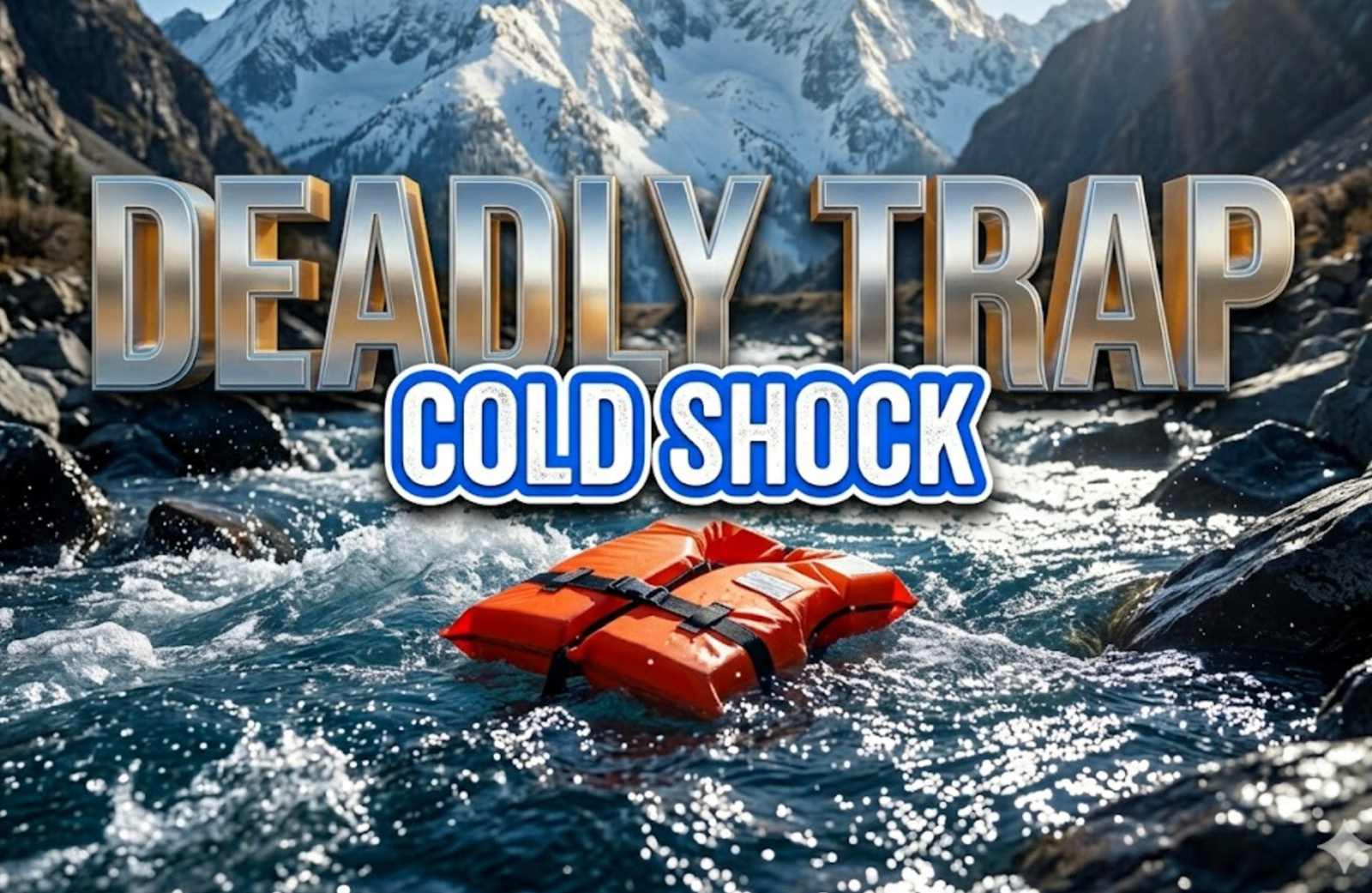 A viral, hyper-realistic YouTube thumbnail with a Kinetic Sports atmosphere. The background is a rushing, sunlit river with visible jagged rocks and cold blue water splashing. The composition uses a Low Angle to focus on the main subject: a bright orange Life Jacket floating on the surface. Image size should be 3:2. The image features massive 3D typography with strict hierarchy: The Primary Text reads exactly: 'DEADLY TRAP'. This text is massive, the largest element in the frame, rendered in Chrome to look like a high-budget 3D render. The Secondary Text reads exactly: 'COLD SHOCK'. This text is significantly smaller, positioned below or next to the main text. It features a thick, distinct color border/outline (sticker style) to contrast against the background. Make sure text 2 is always different theme, style, effect and border compared to text 1.